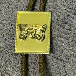 Vtg Western Bolo Tie Covered Wagon Slide Raised Relief Braided Leatherette Cord